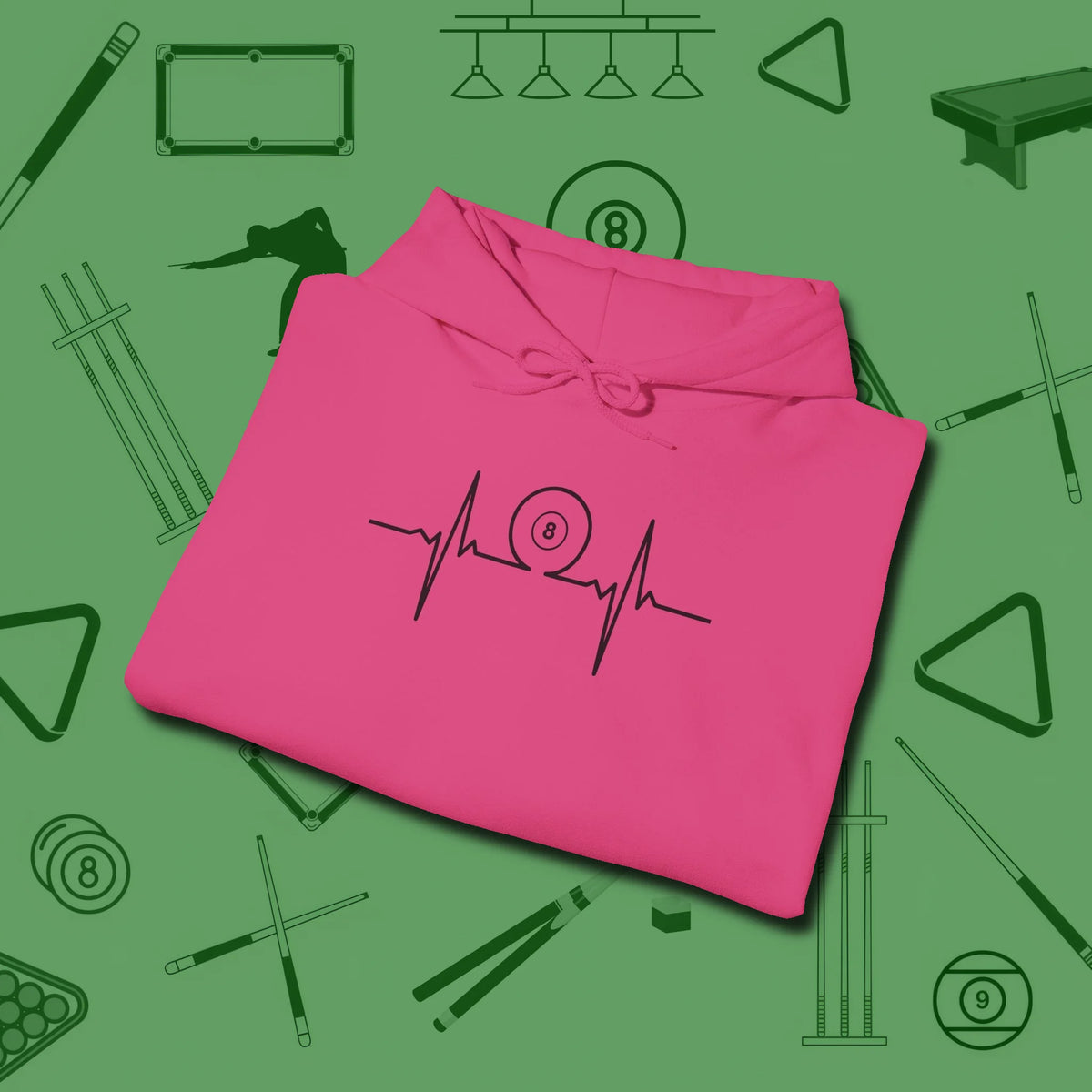 Heartbeat 8 Ball Hoodie, folded view, in Heliconia cue up respect every time you wear it