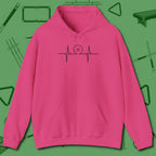 Heartbeat 8 Ball Hoodie, front view, in Heliconia cool under pressure, hot on the eyes
