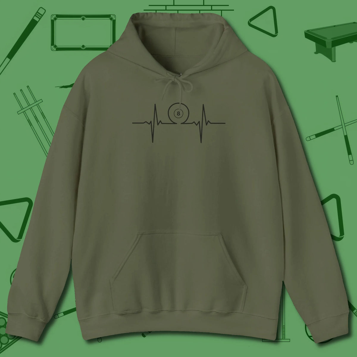 Heartbeat 8 Ball Hoodie, front view, in Military Green for players who live the game
