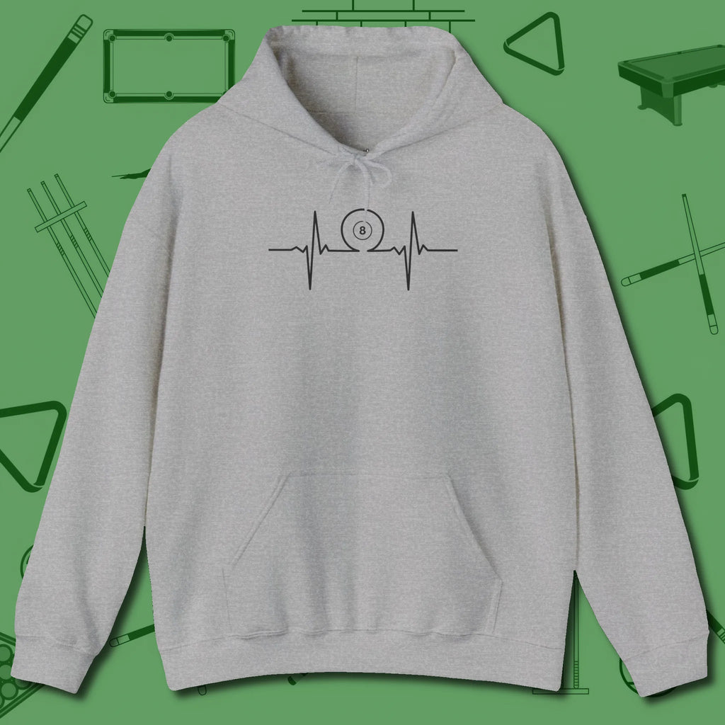 Heartbeat 8 Ball Hoodie, front view, in Sport Grey tough like your favorite break cue