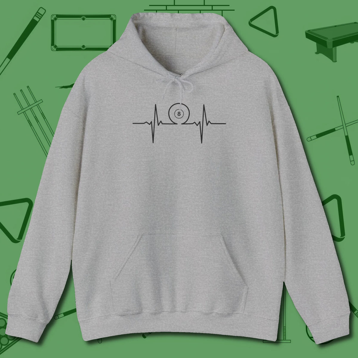 Heartbeat 8 Ball Hoodie, front view, in Sport Grey tough like your favorite break cue