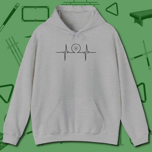 Heartbeat 8 Ball Hoodie, front view, in Sport Grey tough like your favorite break cue