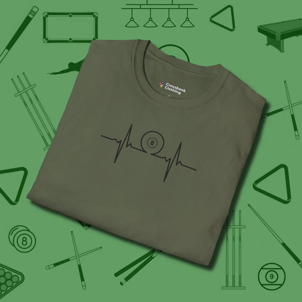 Heartbeat 8 Ball T-Shirt, folded view, in Military Green fashion with break-and-run energy