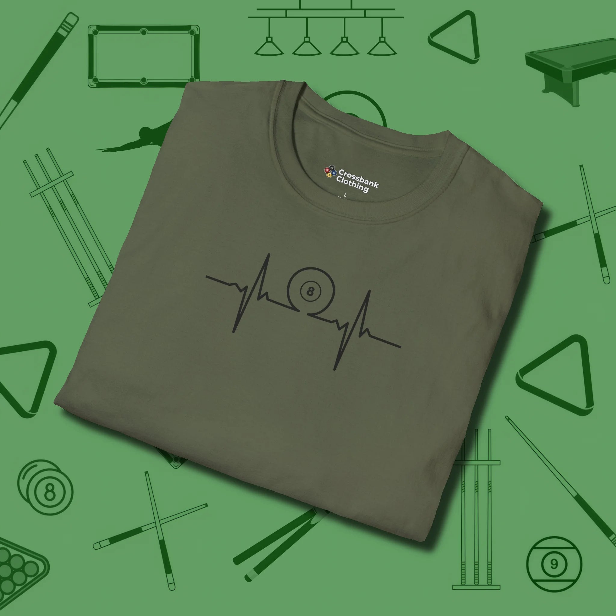 Heartbeat 8 Ball T-Shirt, folded view, in Military Green fashion with break-and-run energy