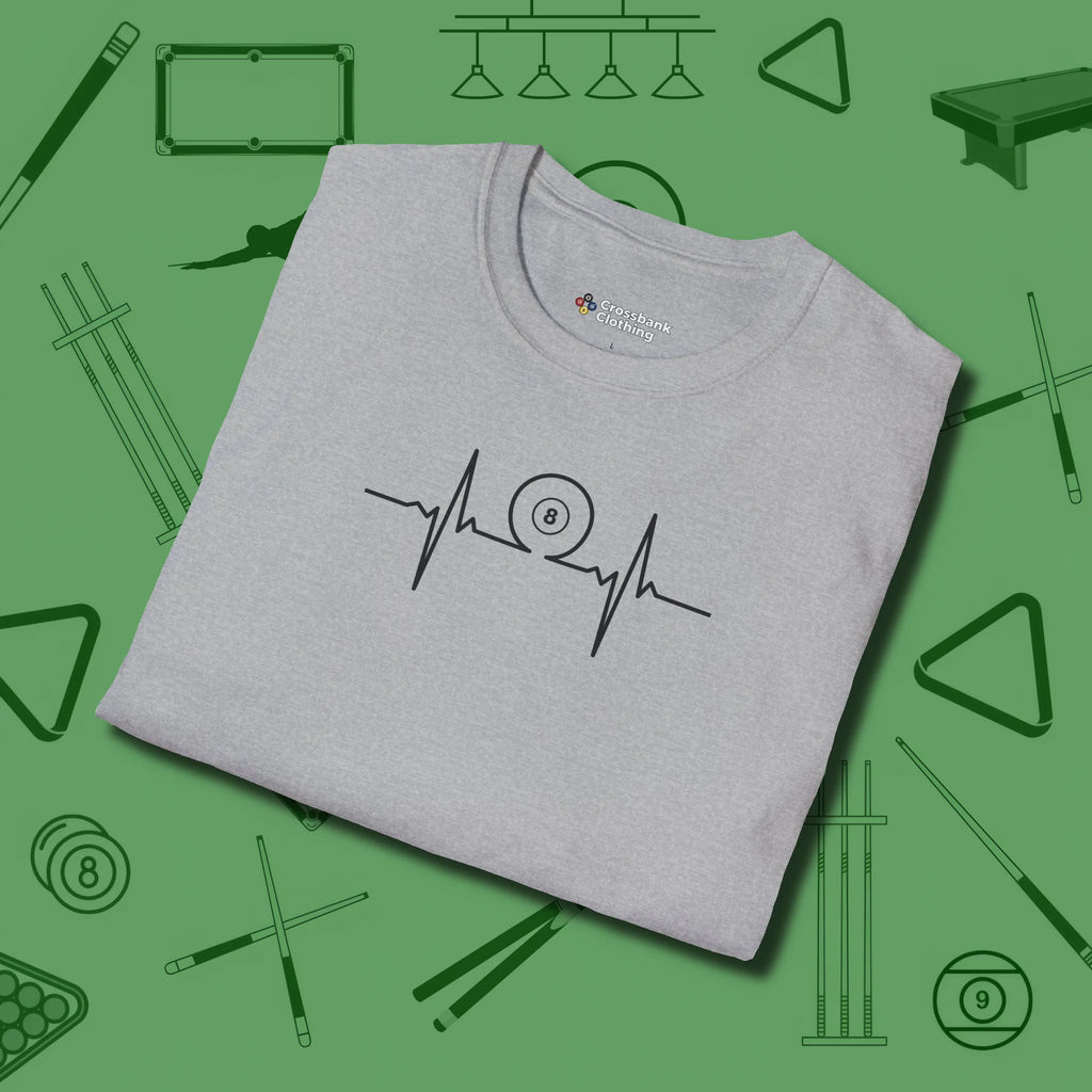 Heartbeat 8 Ball T-Shirt, folded view, in Sport Grey because pool isn’t just a game — it’s who you are