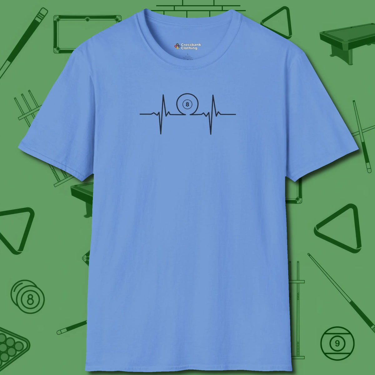 Heartbeat 8 Ball T-Shirt, front view, in Carolina Blue cue sports swagger done right