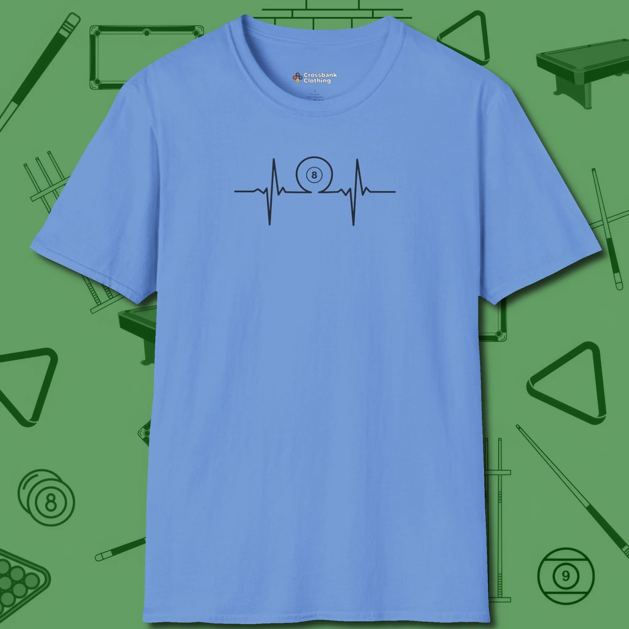 Heartbeat 8 Ball T-Shirt, front view, in Carolina Blue cue sports swagger done right