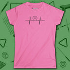 Heartbeat 8 Ball Women's Cut Tee, in Azalea color, billiards shirt, front view