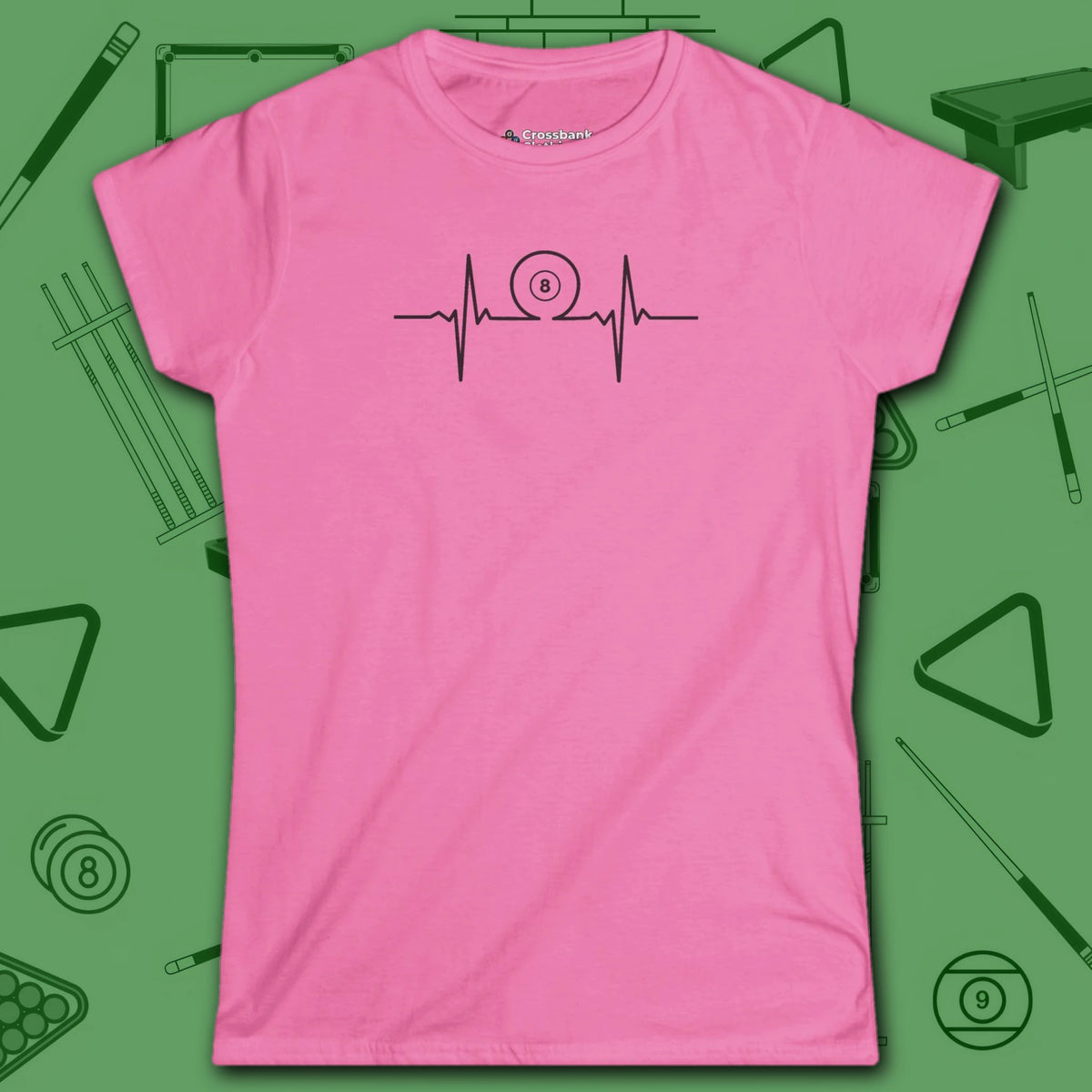 Heartbeat 8 Ball Women's Cut Tee, in Azalea color, billiards shirt, front view