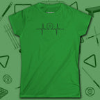 Heartbeat 8 Ball Women's Cut Tee, in Irish Green color, billiards shirt, front view