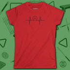 Heartbeat 8 Ball Women's Cut Tee, in Red color, billiards shirt, front view