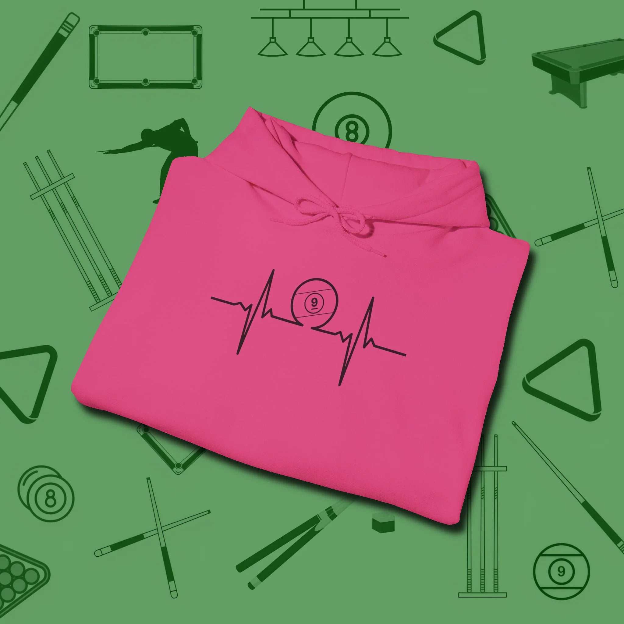 Heartbeat 9 Ball Hoodie, folded view, in Heliconia cue sports swagger done right