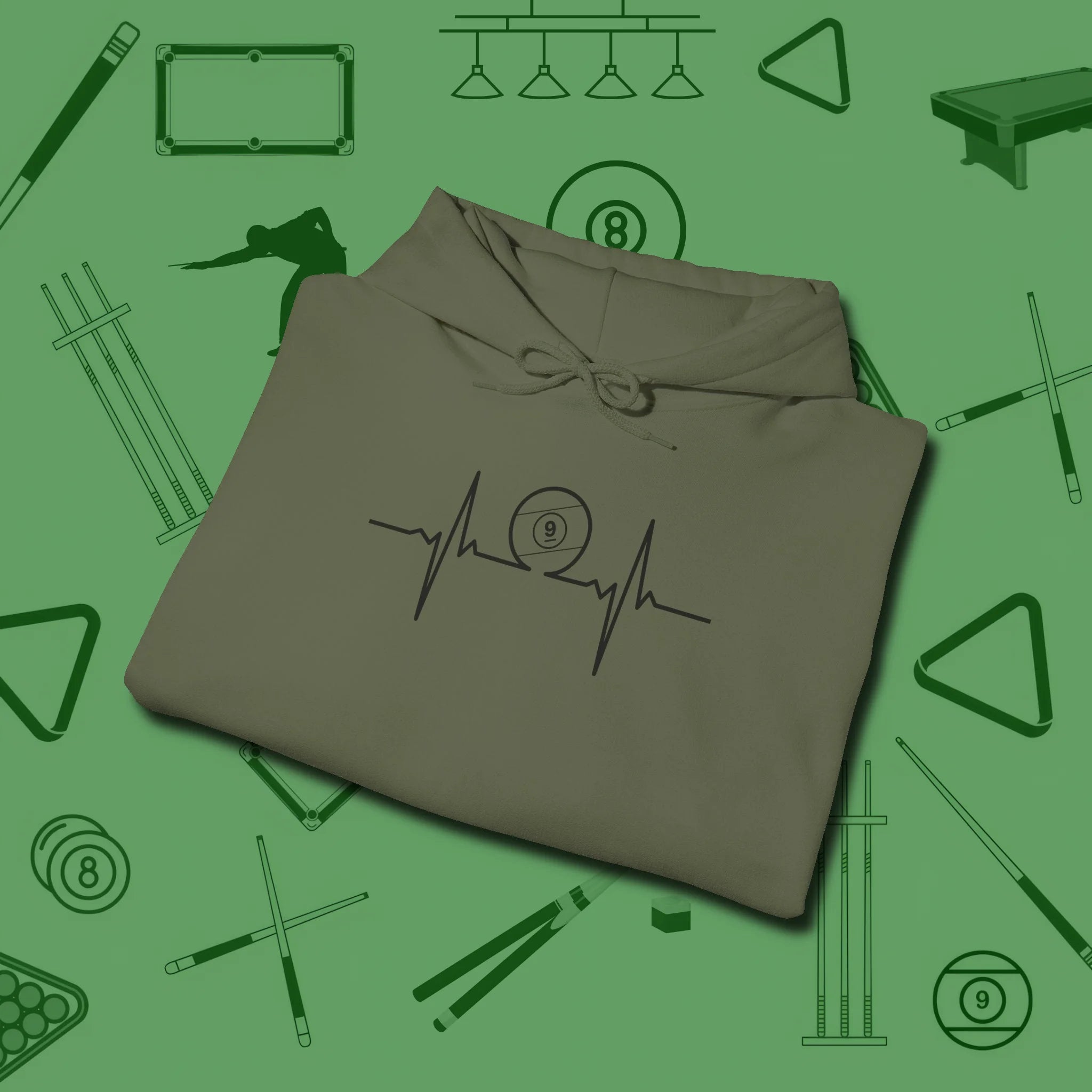 Heartbeat 9 Ball Hoodie, folded view, in Military Green cool under pressure, hot on the eyes