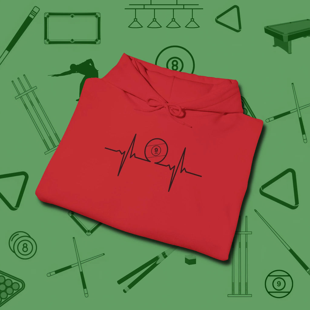Heartbeat 9 Ball Hoodie, folded view, in Red look good while calling your pocket