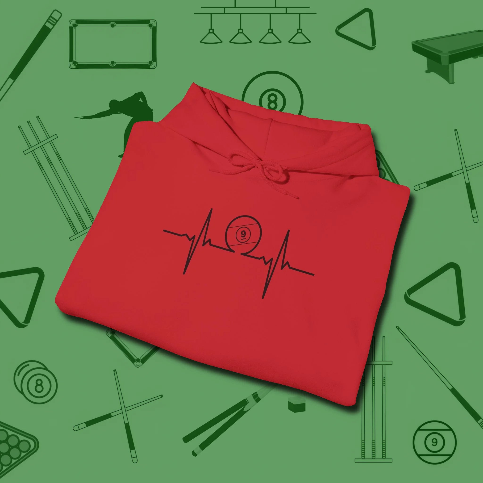 Heartbeat 9 Ball Hoodie, folded view, in Red look good while calling your pocket