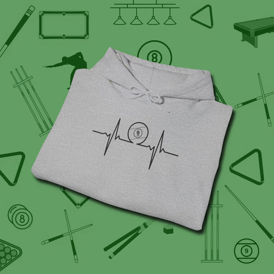 Heartbeat 9 Ball Hoodie, folded view, in Sport Grey not your average 8-ball graphic tee