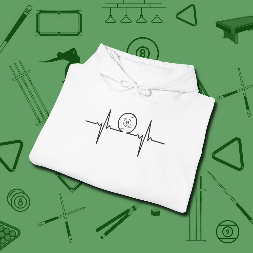 Heartbeat 9 Ball Hoodie, folded view, in White designed for dead stroke and deadpan looks