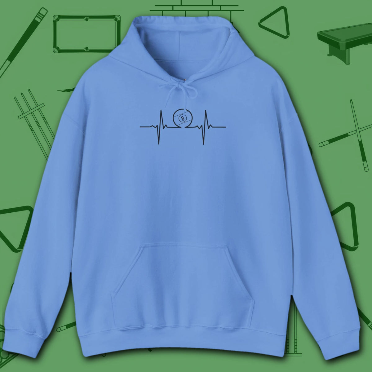 Heartbeat 9 Ball Hoodie, in Carolina Blue color, billiards hoodie, front view