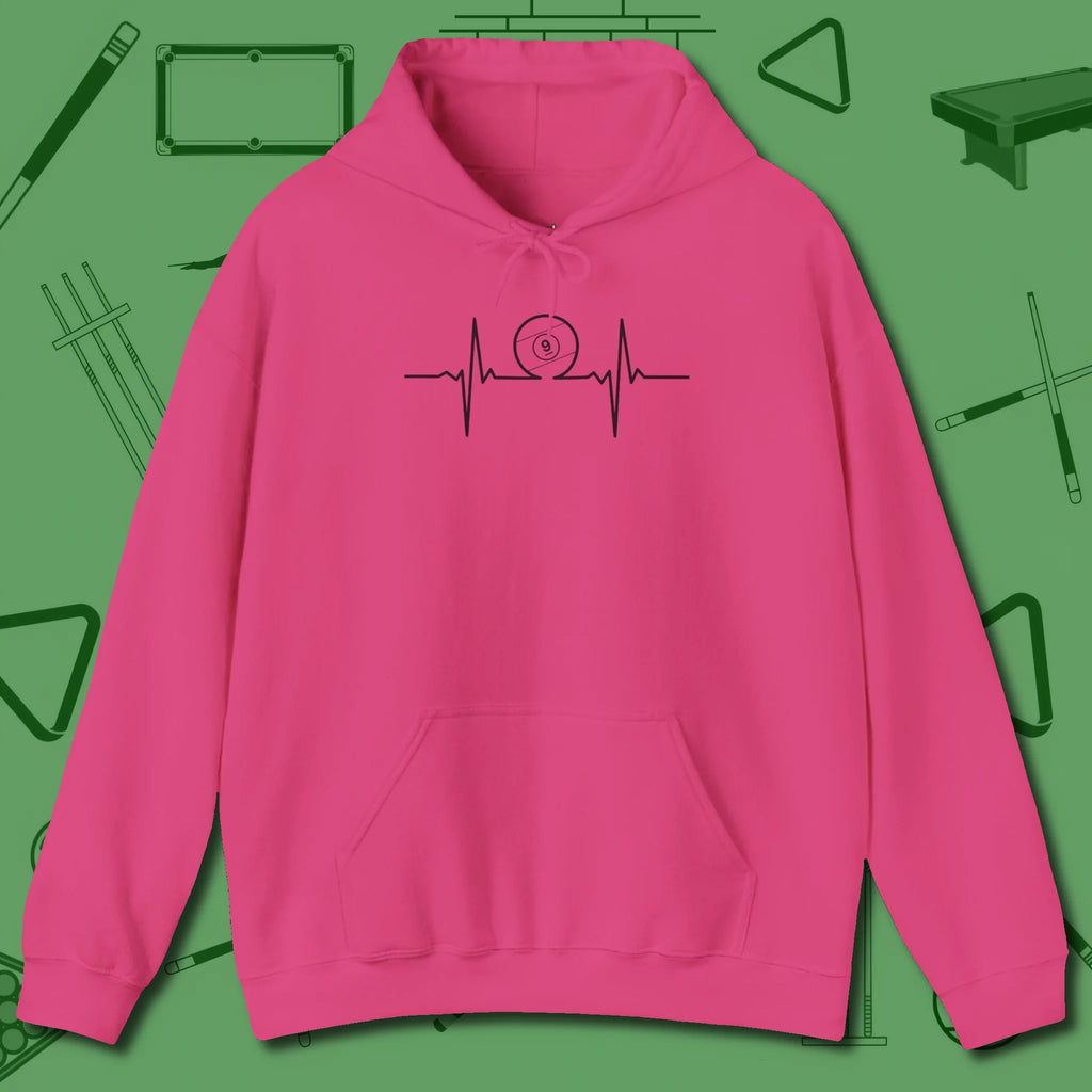 Heartbeat 9 Ball Hoodie, front view, in Heliconia tough like your favorite break cue