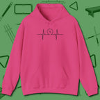 Heartbeat 9 Ball Hoodie, front view, in Heliconia tough like your favorite break cue