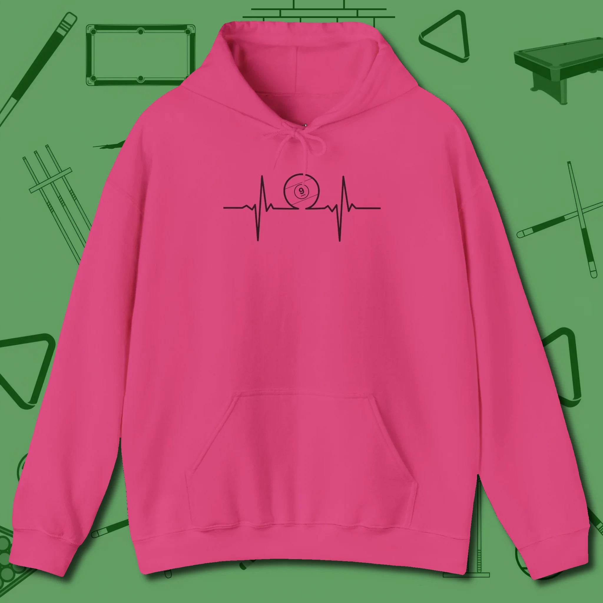 Heartbeat 9 Ball Hoodie, front view, in Heliconia tough like your favorite break cue