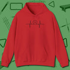 Heartbeat 9 Ball Hoodie, front view, in Red perfect for players with quiet fire