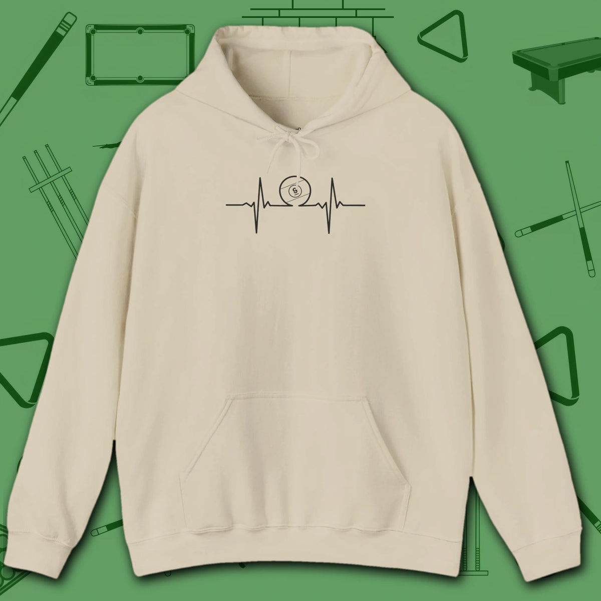 Heartbeat 9 Ball Hoodie, in Sand color, billiards hoodie, front view