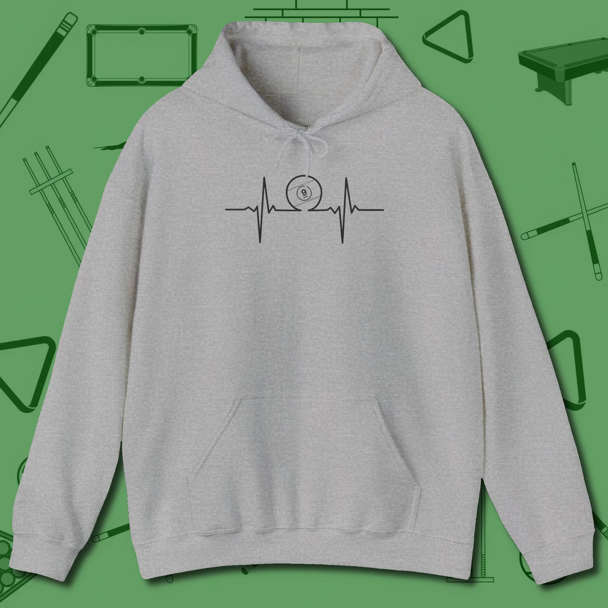 Heartbeat 9 Ball Hoodie, front view, in Sport Grey tough like your favorite break cue