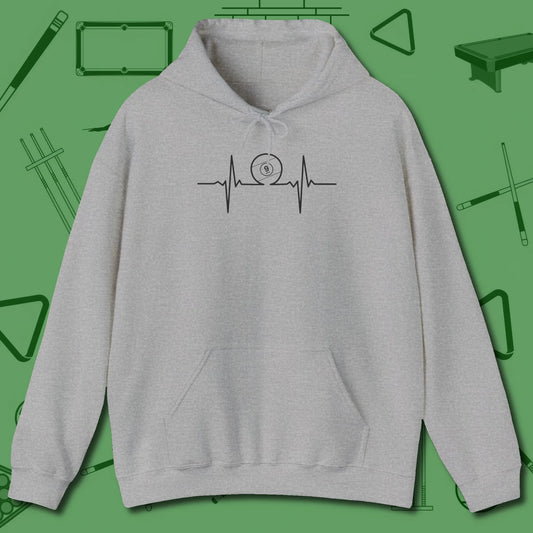Heartbeat 9 Ball Hoodie, front view, in Sport Grey tough like your favorite break cue
