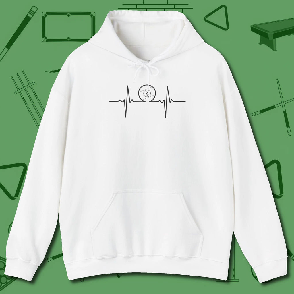 Heartbeat 9 Ball Hoodie, front view, in White look good while calling your pocket