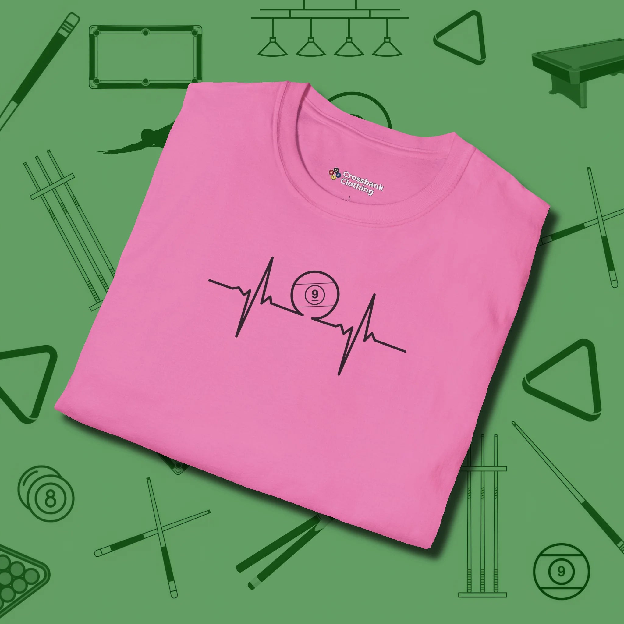 Heartbeat 9 Ball T-Shirt, folded view, in Azalea earns respect before the first shot