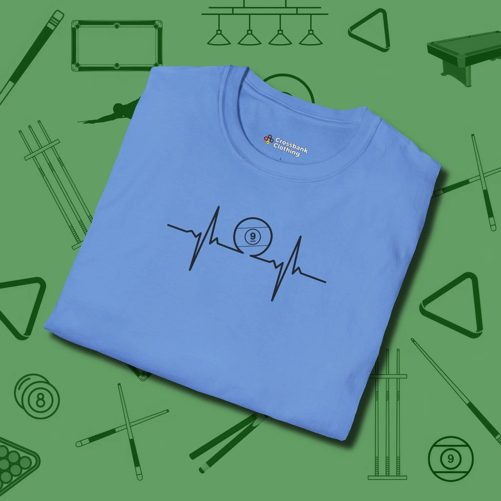 Heartbeat 9 Ball T-Shirt, folded view, in Carolina Blue smart enough for the felt and the street