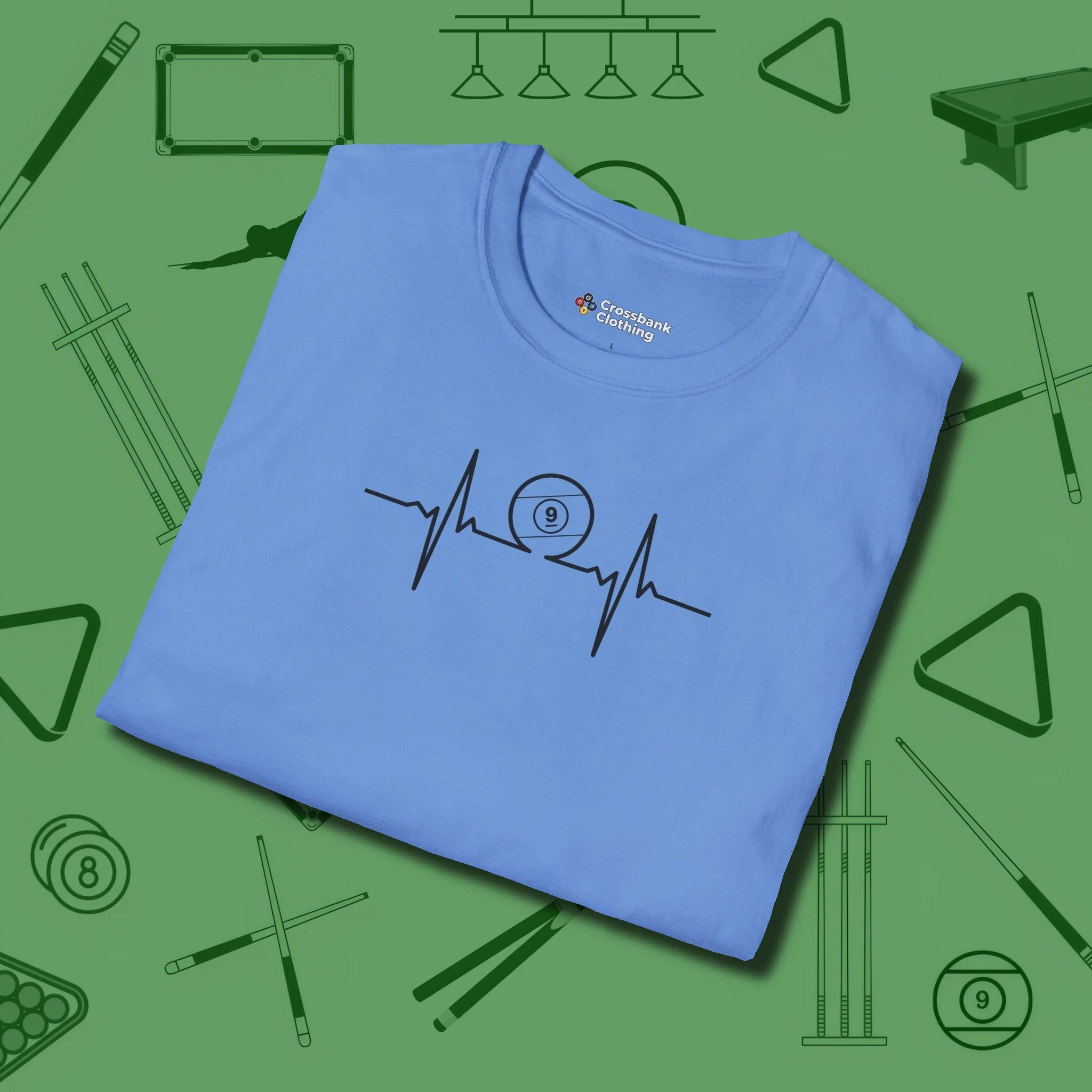 Heartbeat 9 Ball T-Shirt, folded view, in Carolina Blue smart enough for the felt and the street
