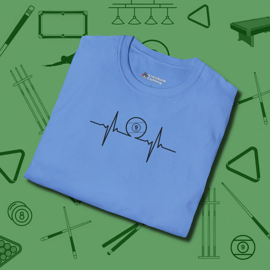 Heartbeat 9 Ball T-Shirt, folded view, in Carolina Blue smart enough for the felt and the street