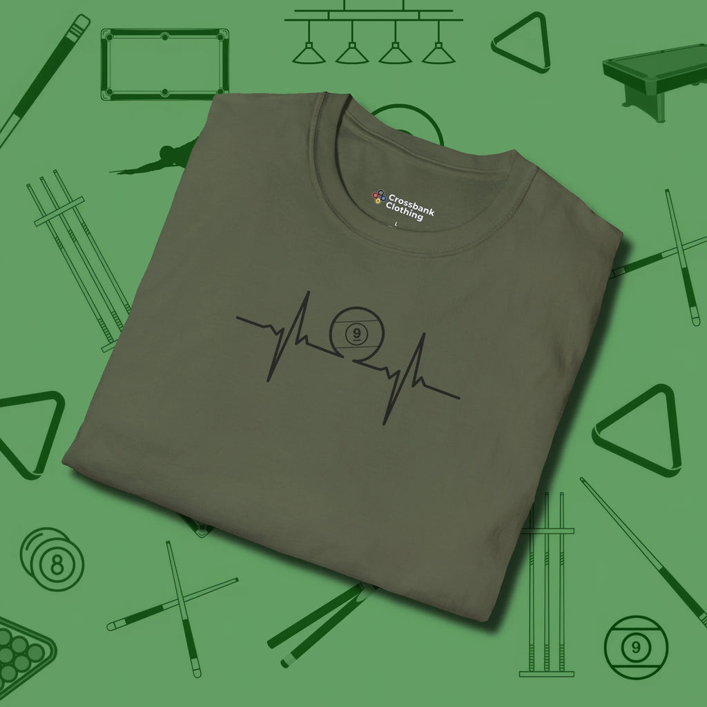 Heartbeat 9 Ball T-Shirt, folded view, in Military Green helps your stroke and your style