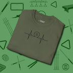 Heartbeat 9 Ball T-Shirt, folded view, in Military Green helps your stroke and your style
