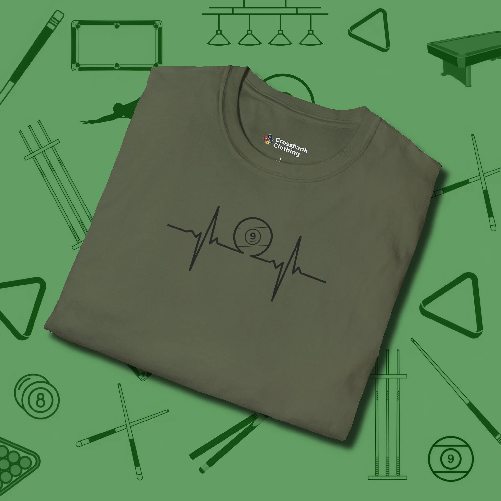 Heartbeat 9 Ball T-Shirt, folded view, in Military Green helps your stroke and your style