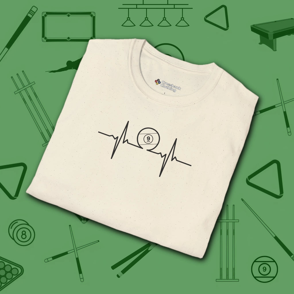 Heartbeat 9 Ball T-Shirt, in Natural color, billiards shirt, folded view