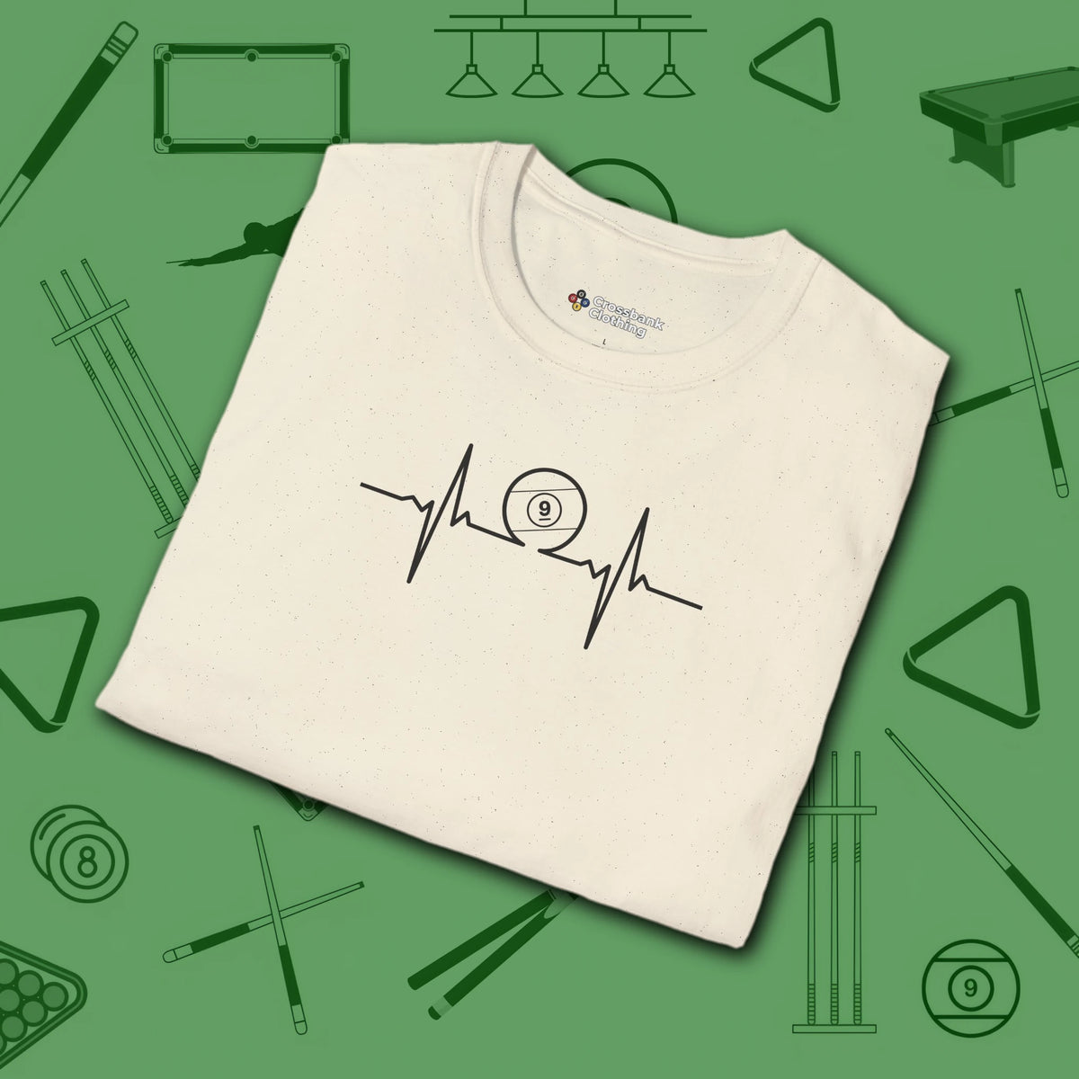 Heartbeat 9 Ball T-Shirt, in Natural color, billiards shirt, folded view