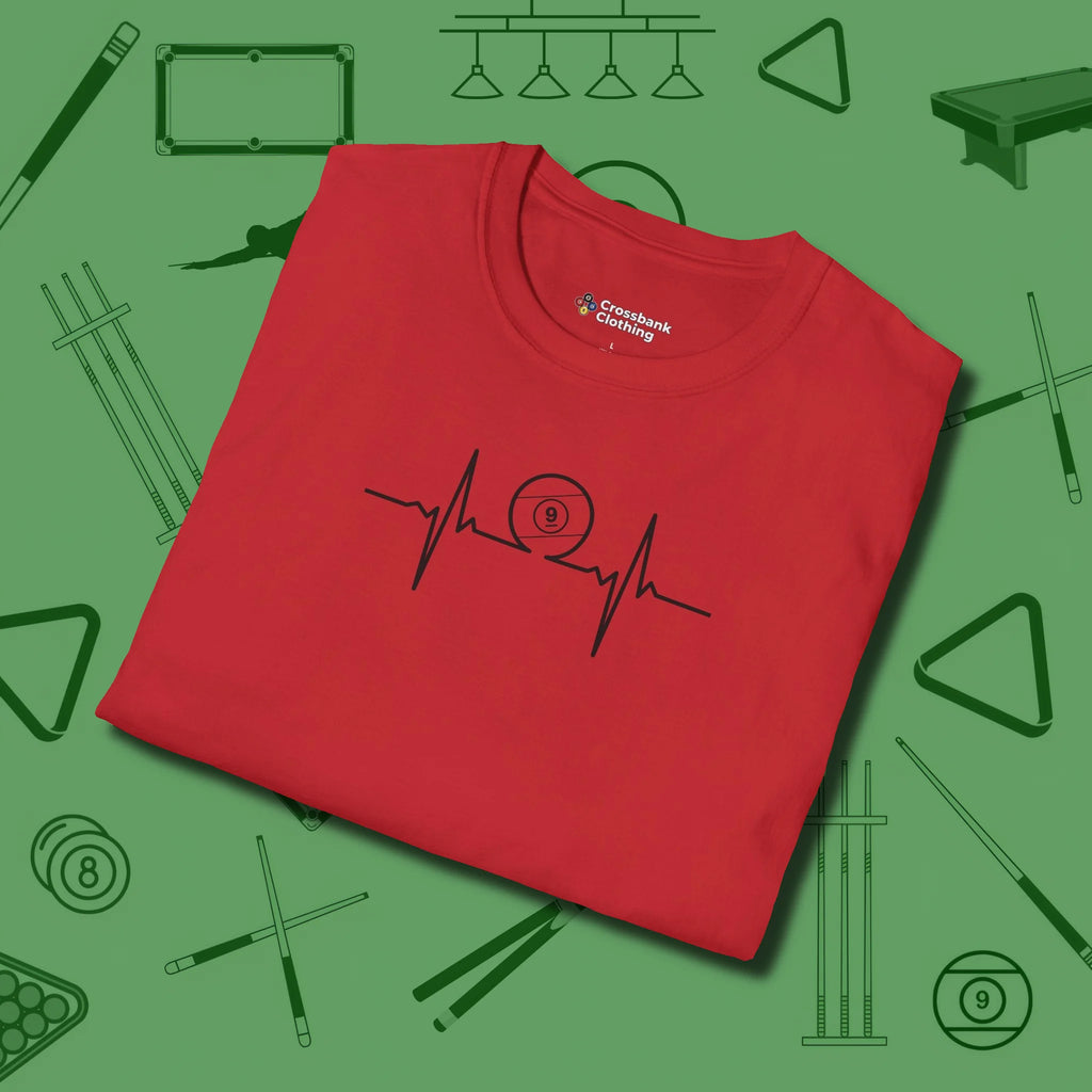 Heartbeat 9 Ball T-Shirt, folded view, in Red put your best game on display
