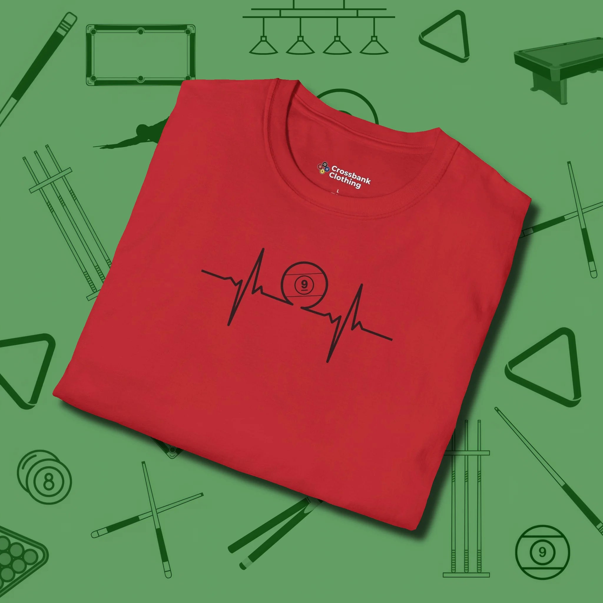 Heartbeat 9 Ball T-Shirt, folded view, in Red put your best game on display