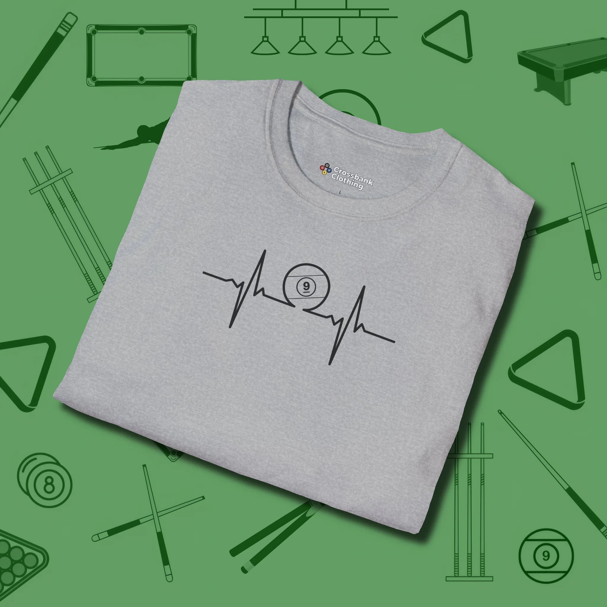 Heartbeat 9 Ball T-Shirt, folded view, in Sport Grey helps your stroke and your style