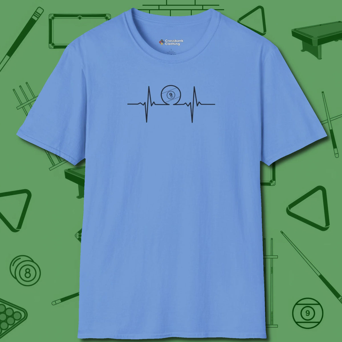 Heartbeat 9 Ball T-Shirt, front view, in Carolina Blue table-tested, street-approved style