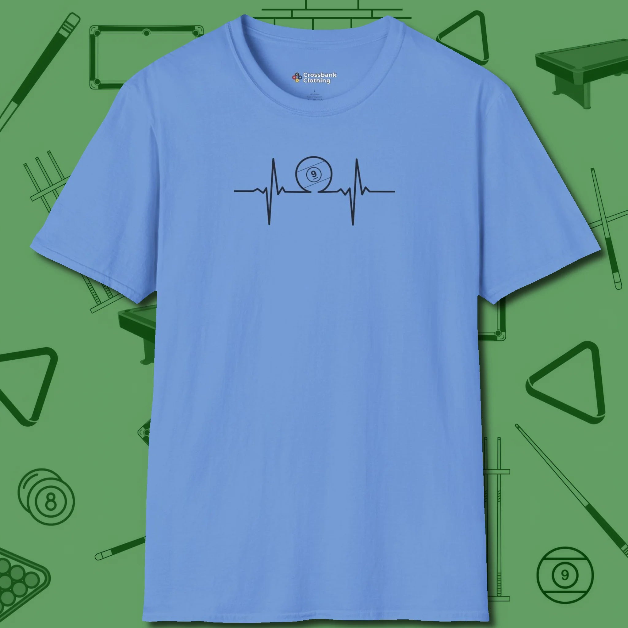 Heartbeat 9 Ball T-Shirt, front view, in Carolina Blue table-tested, street-approved style
