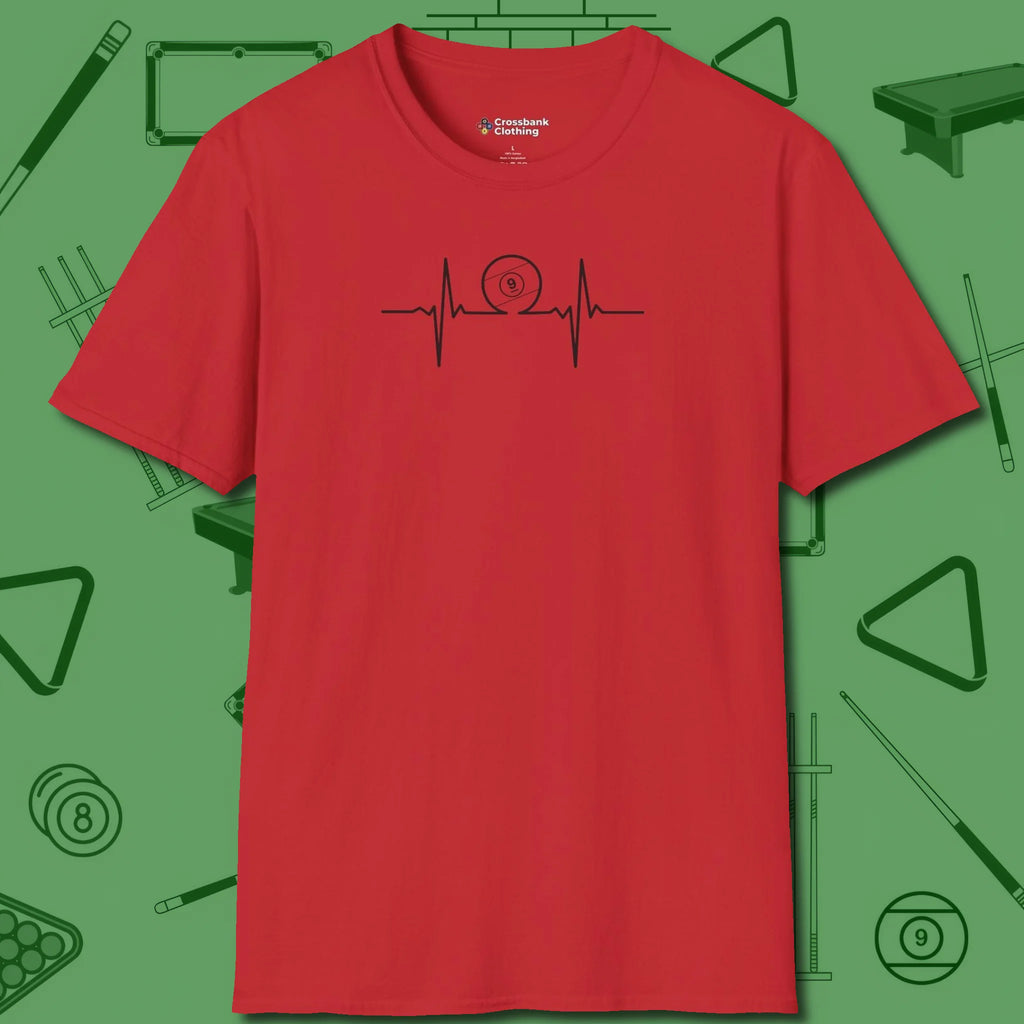 Heartbeat 9 Ball T-Shirt, front view, in Red the shirt that plays position