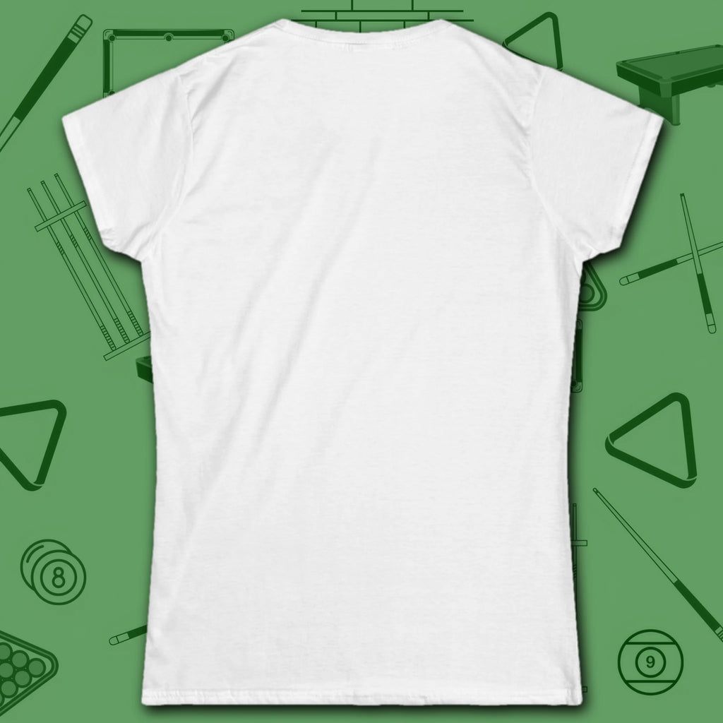 Heartbeat 9 Ball Women's Cut Tee, in White color, billiards shirt, back view