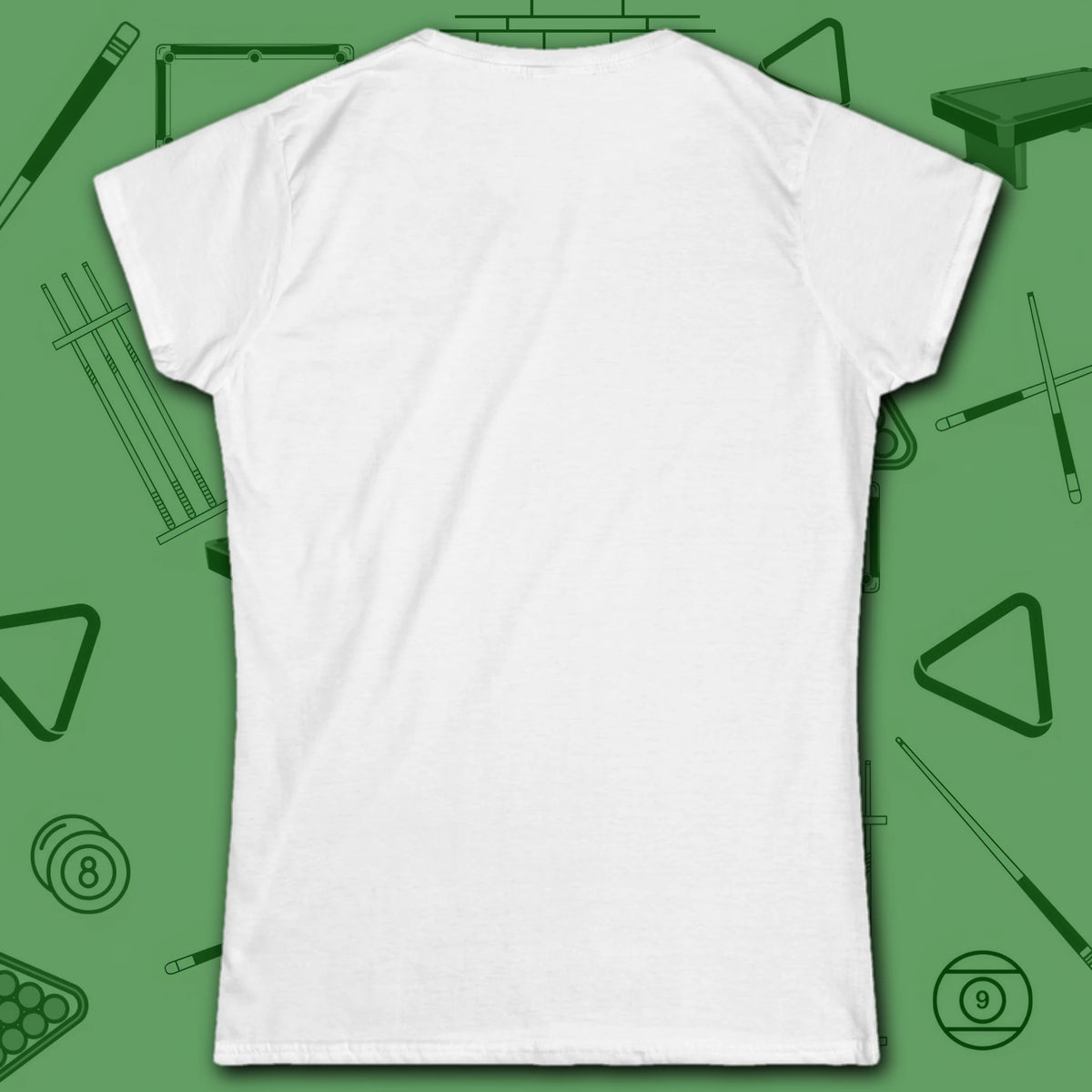 Heartbeat 9 Ball Women's Cut Tee, in White color, billiards shirt, back view