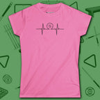 Heartbeat 9 Ball Women's Cut Tee, in Azalea color, billiards shirt, front view