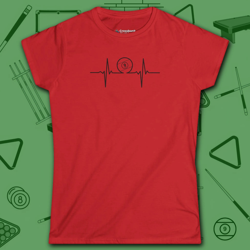 Heartbeat 9 Ball Women's Cut Tee, in Red color, billiards shirt, front view