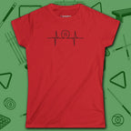Heartbeat 9 Ball Women's Cut Tee, in Red color, billiards shirt, front view
